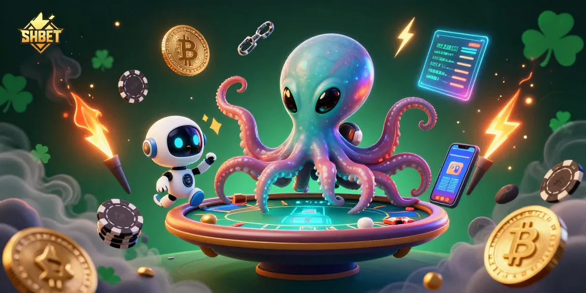 Experience the excitement of SHBET with vibrant 3D illustration depicting an alien octopus at a holographic poker table amidst cryptocurrency elements.