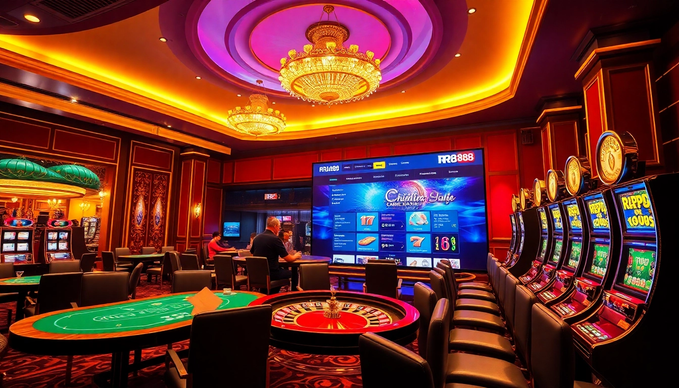 Experience the thrill of RR88 as gamblers play at vibrant tables and spin slots.