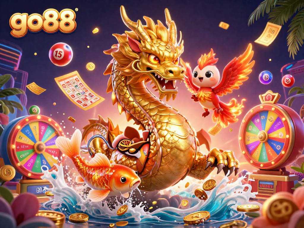 Experience thrilling wins at go88 with a dynamic casino scene featuring a Chinese dragon, phoenix, and koi fish.