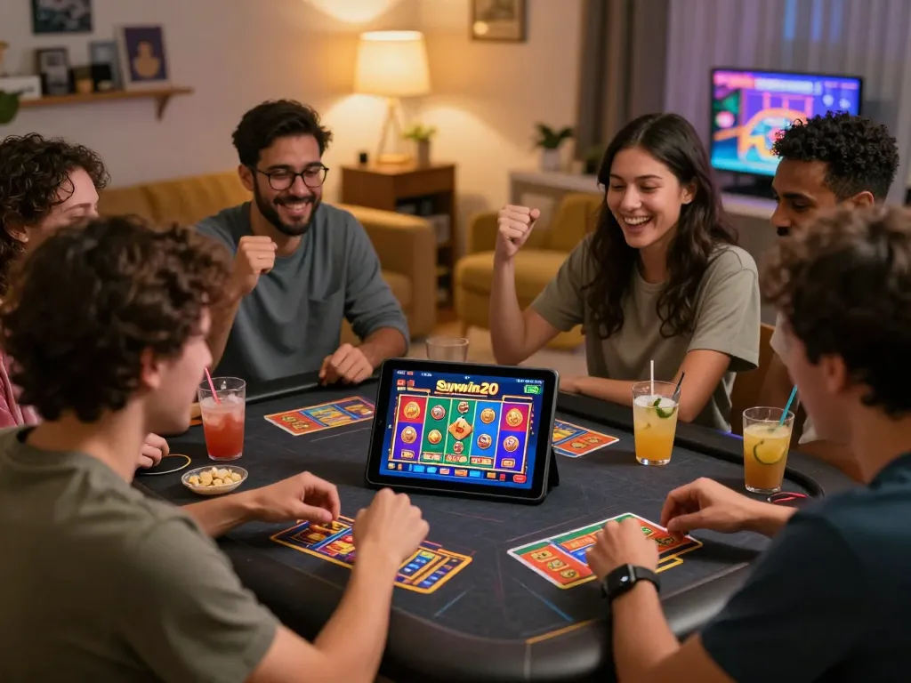 Friends enjoying the sunwin20 gaming app in a cozy living room setting.