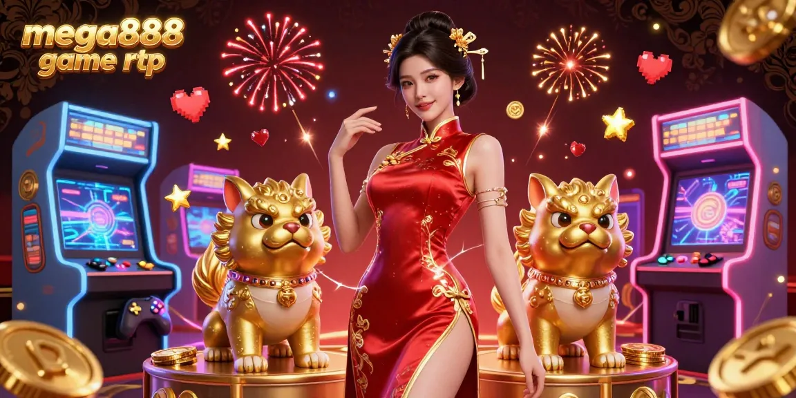 Ilustrasi menarik yang menggambarkan RTP permainan mega888 dengan seorang wanita glamor, mesin permainan berwarna-warni, dan bunga api untuk keseronokan kasino.