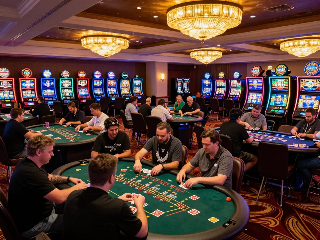 Players celebrating wins at Luck8 casino tables, showcasing vibrant gambling atmosphere.