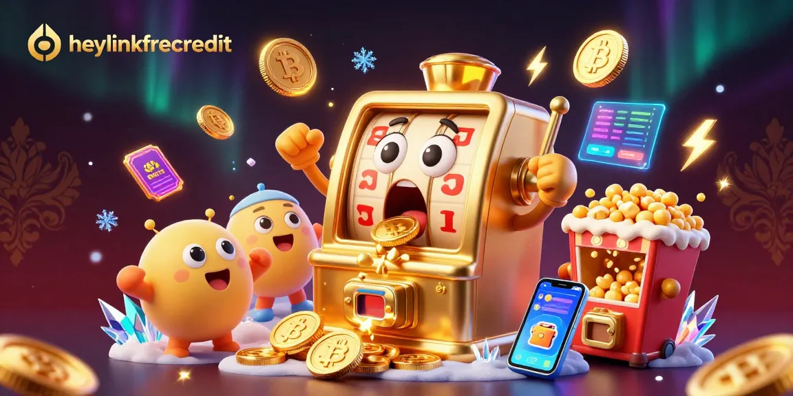heylinkfreecredit slot machine hits jackpot, surrounded by cheering baby machines and crypto elements