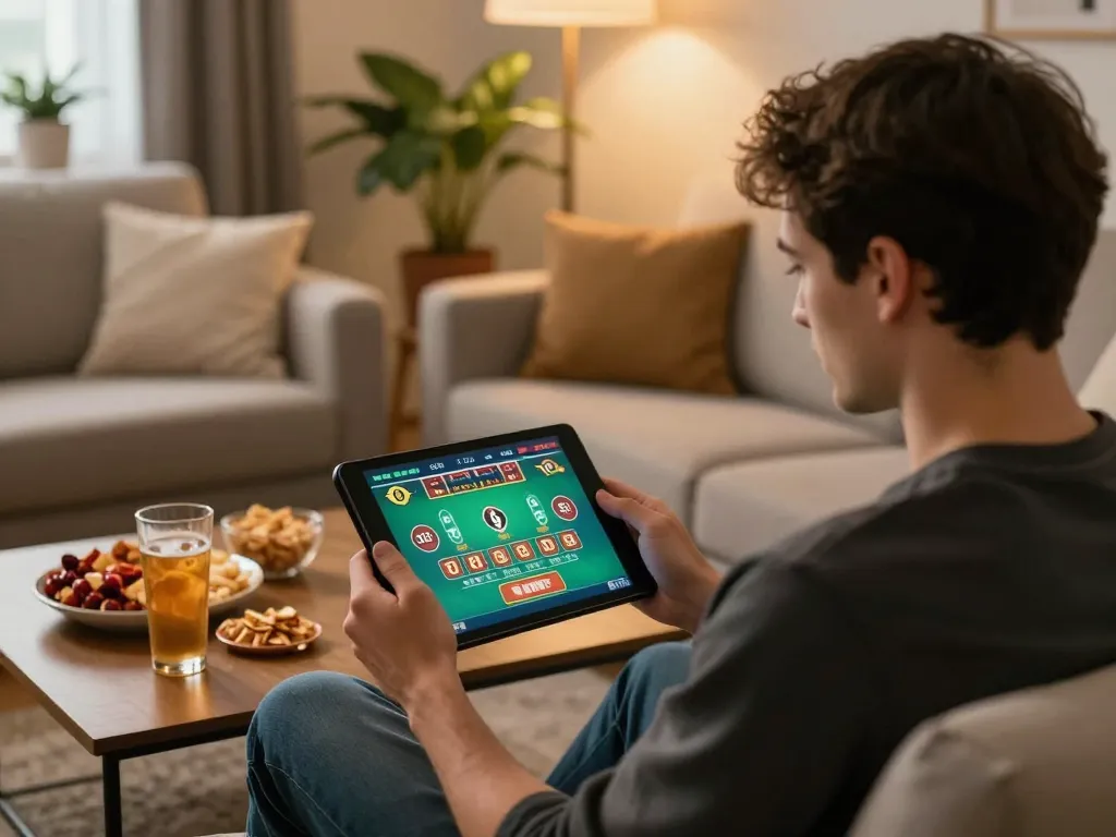 Person enjoying Casino Online on a tablet while playing Sicbo, showcasing engaging live dealer action.