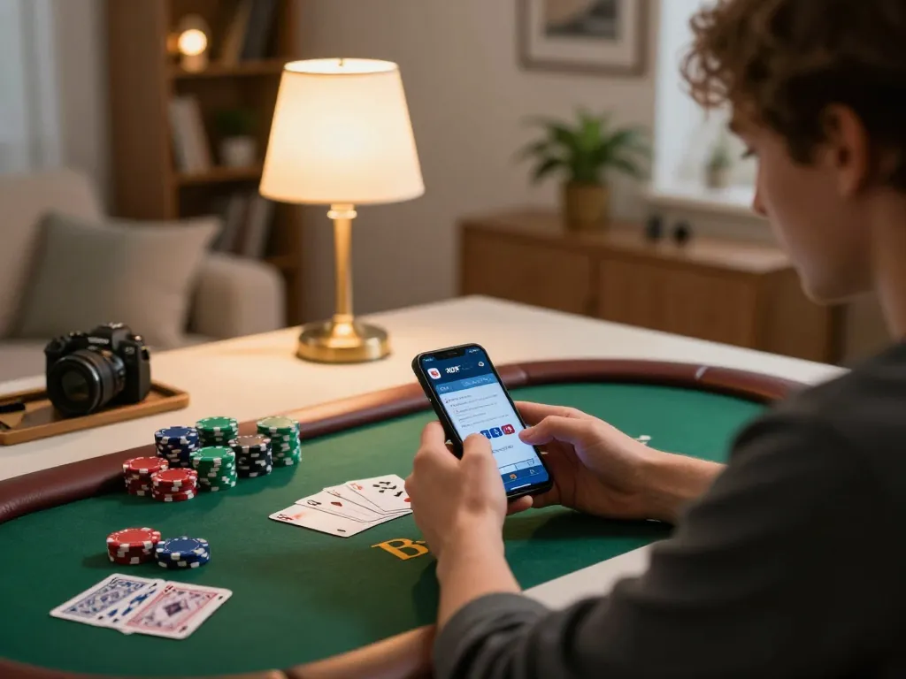 Engaged player strategizing with the 789F gaming app on smartphone amidst colorful poker chips and cards.