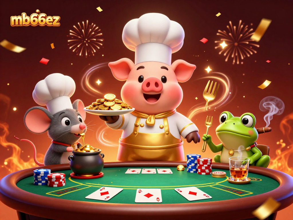 Engage with excitement at mb66ez while winning at the casino, featuring a chef pig serving coins.