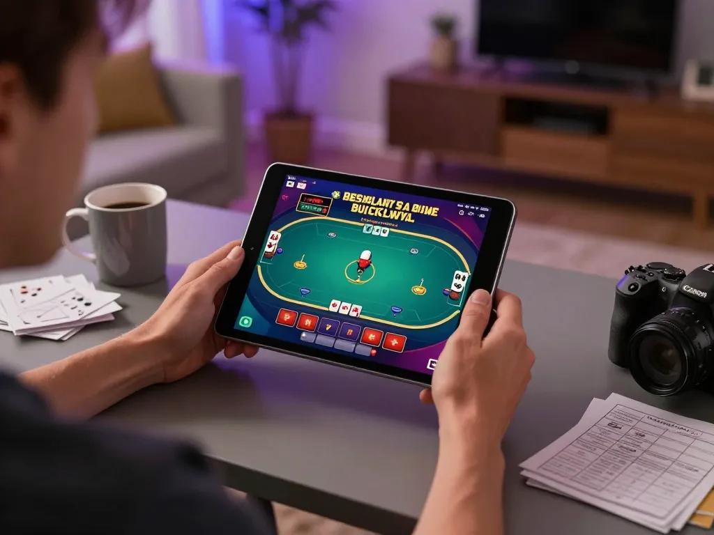 Engaging gameplay on sc88 app shown on tablet screen, person playing poker at home