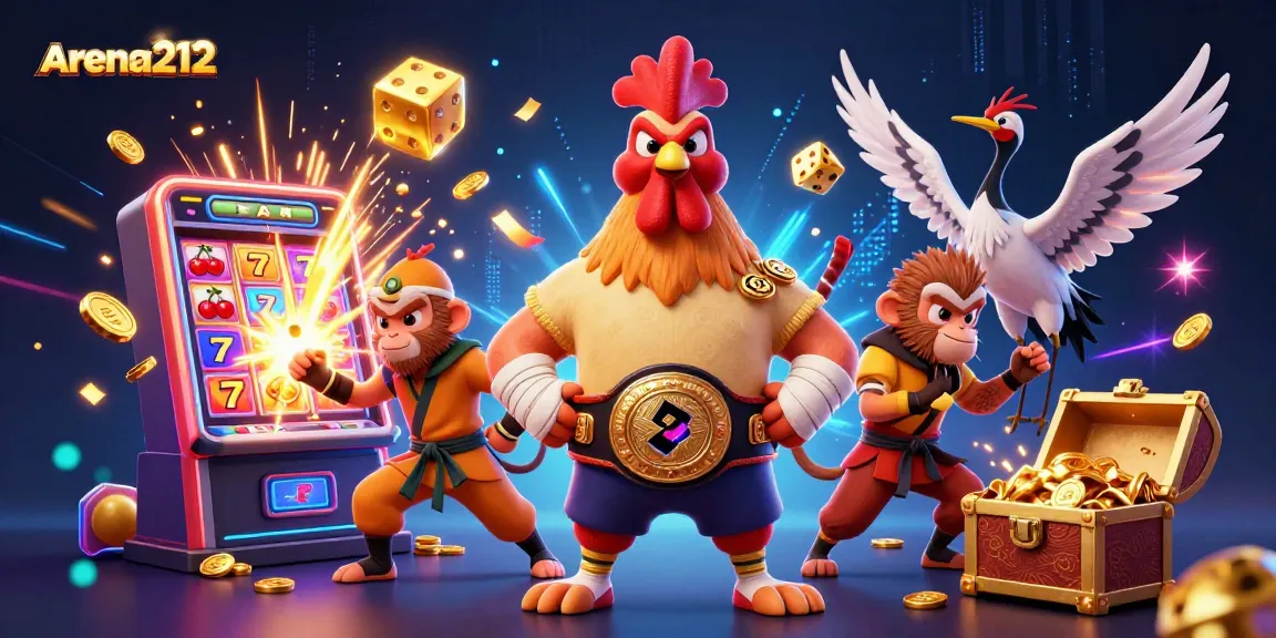 Gambarkan arena212 dengan ayam Muay Thai, monyet Shaolin, dan burung bangau dalam suasana kasino yang meriah.