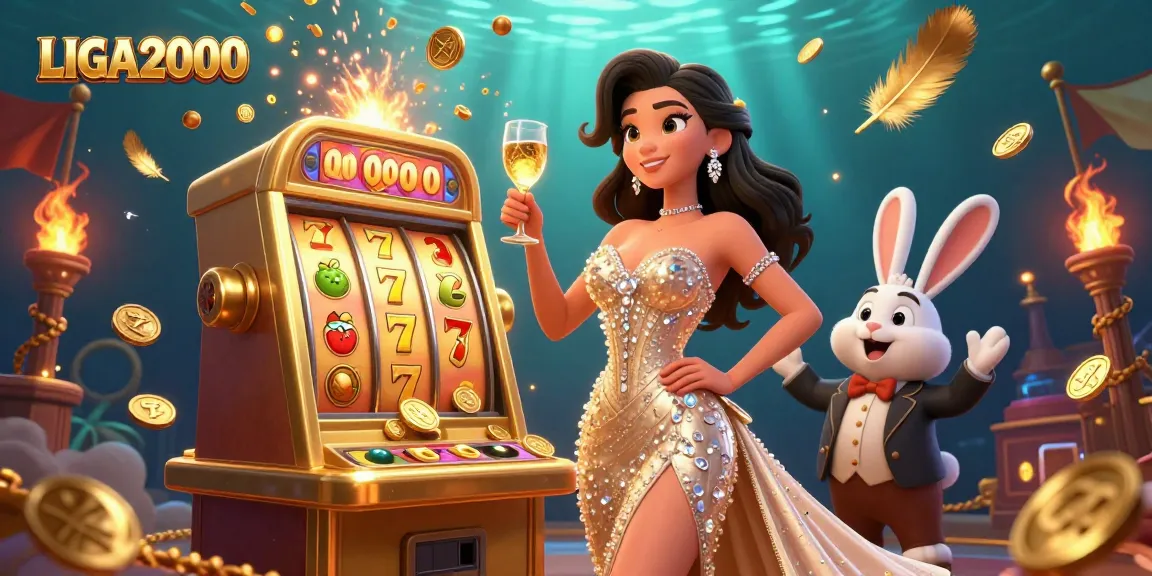 LIGA2000 merayakan kemenangan besar di suasana slot kasino online yang vibrant dengan elemen-elemen emas.
