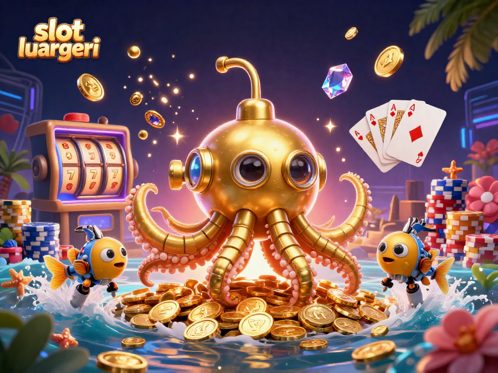 Spin and win big with slot luar negeri, featuring vibrant golden kraken surrounded by cascading coins and poker chips.