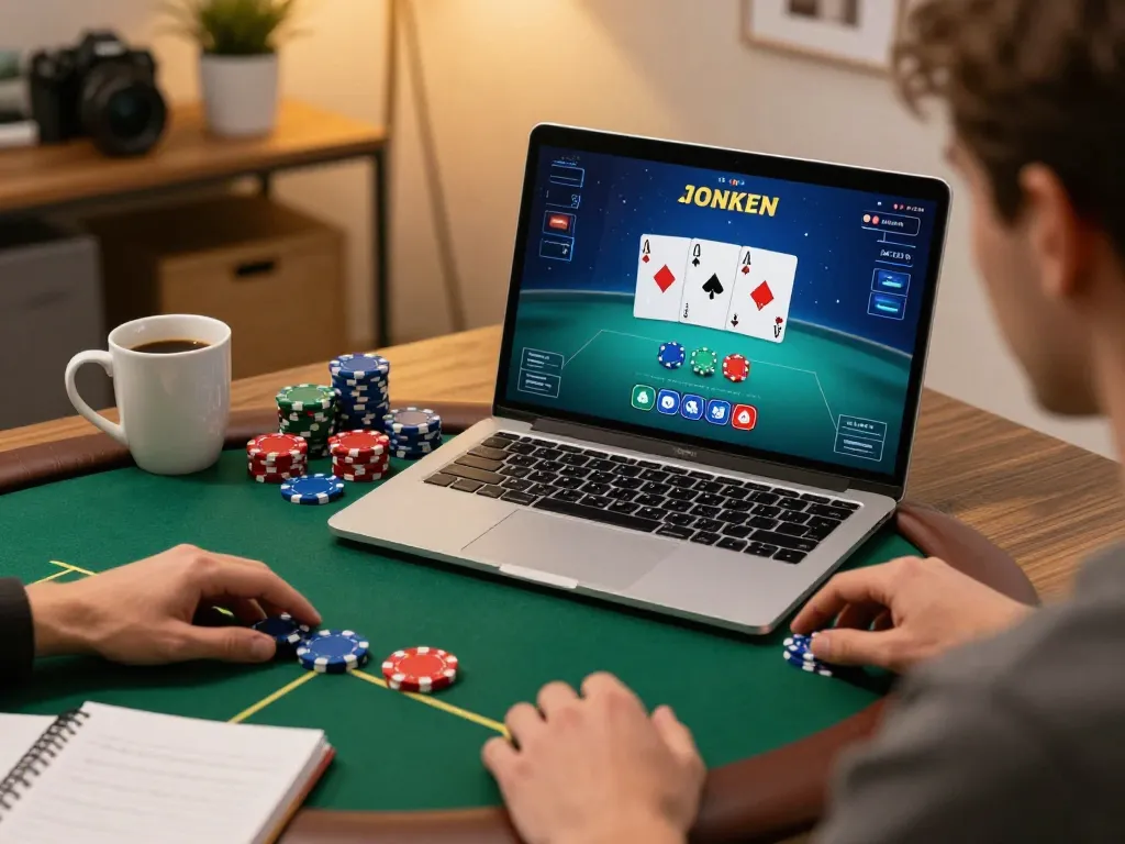 KADAL778 player enjoying an online poker game in a cozy home setting while managing strategy notes.