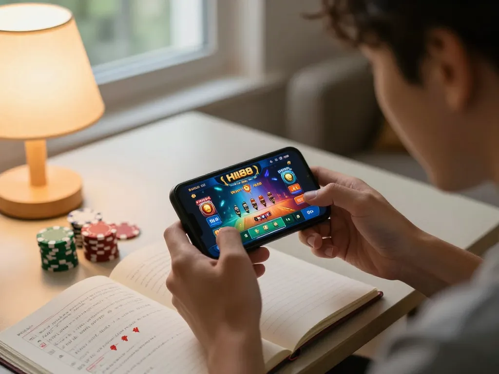 Engaging with the HI88 casino app on a smartphone in a cozy living room setting, highlighting a strategic online gaming experience