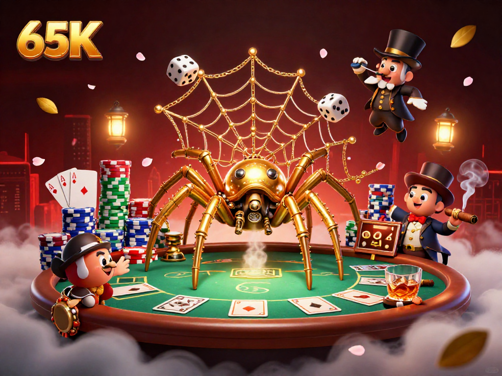 Jogando na mesa de poker do 65K com aranhas de ouro e cartas emocionantes.
