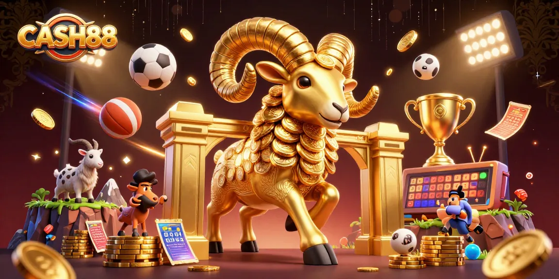 CASH88 brings excitement with dynamic sports elements and a golden ram charging through in this casino-themed illustration.