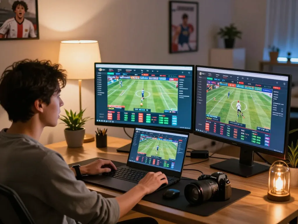 Sunwin sports betting action showing a player engaged in live betting with multiple screens in a cozy home.