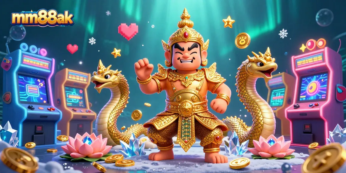 Enchanting mm88ak scene with a Thai temple guardian and Naga serpents among gaming elements.