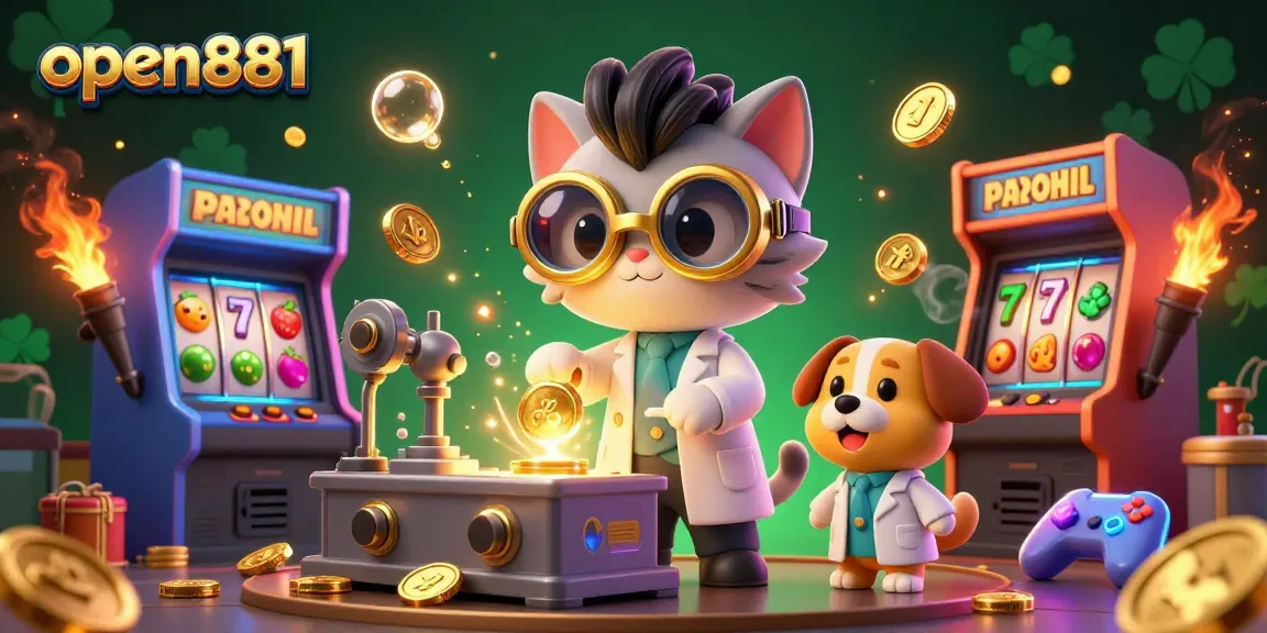 Engage with open881's vibrant casino atmosphere featuring a mad scientist cat and golden game elements.