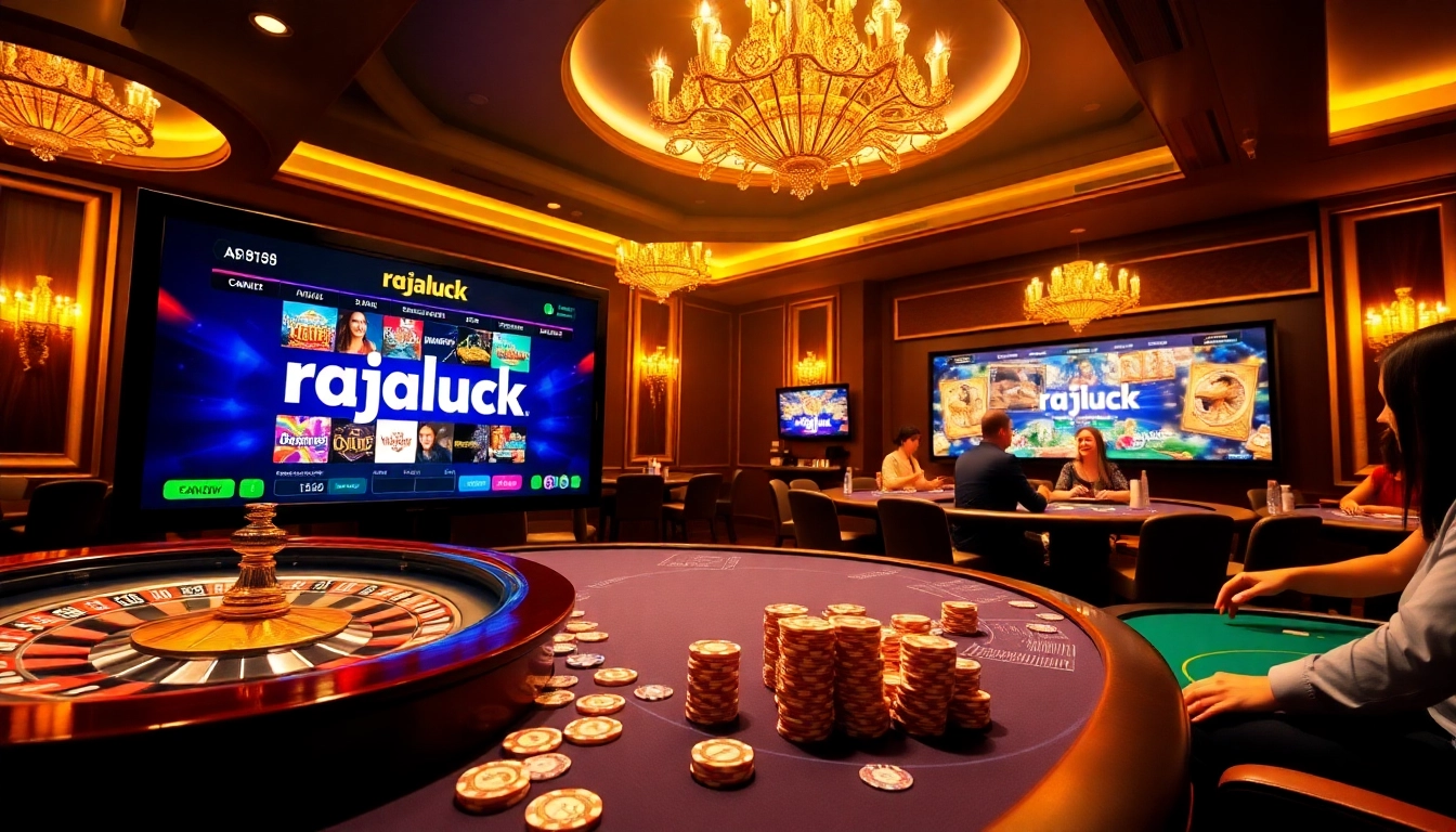 RajaLuck players enjoying exciting games on a luxurious casino platform featuring poker and roulette.