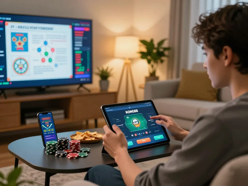 KONG88 user engaged in online casino gaming at home, strategizing with notes and tablet.