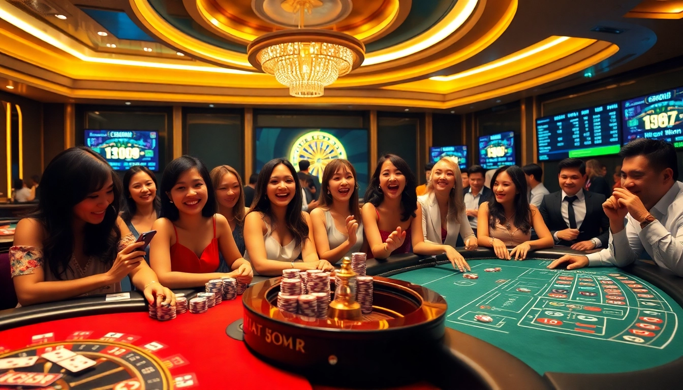 Casino experience at Nhà cái uy tín showcasing excited players and games like poker and roulette.