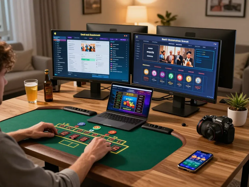 Player enjoying live dealer blackjack on 79KING with multiple screens in a cozy gaming setup.