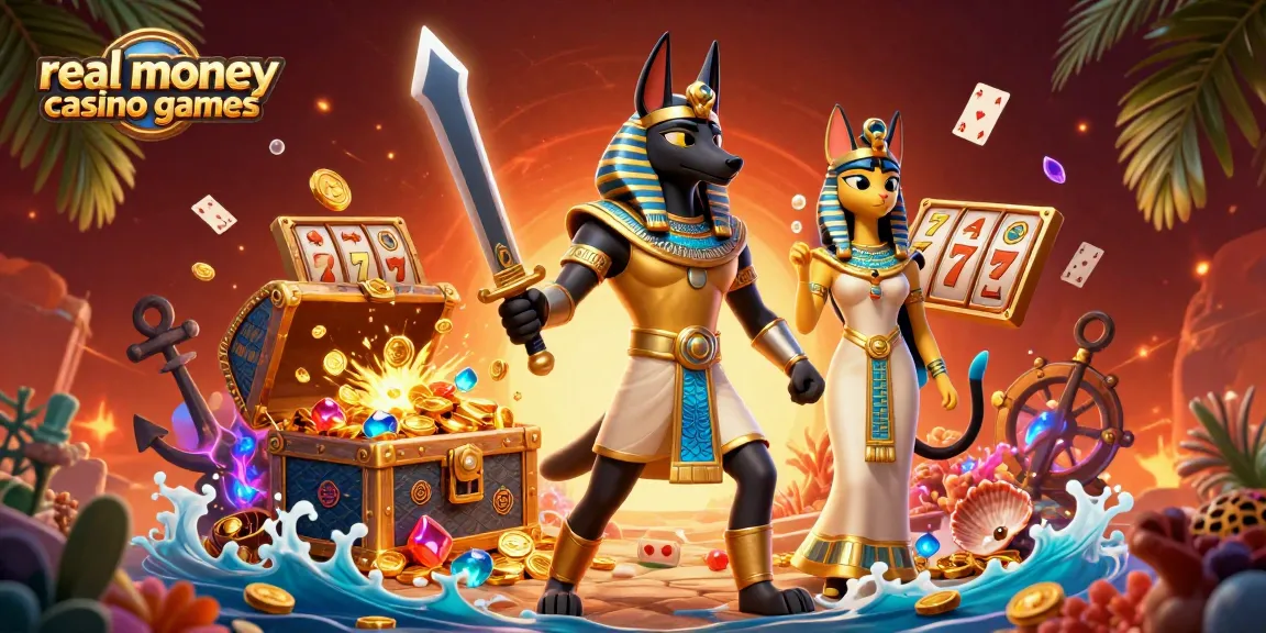Experience real money casino games with Anubis and Bastet in a vibrant 3D scene filled with dynamic gambling elements.