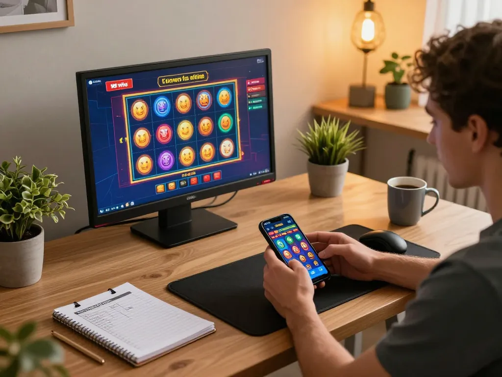 Player enjoying 98 win on a smartphone in a cozy home office, engaged in exciting casino gameplay.