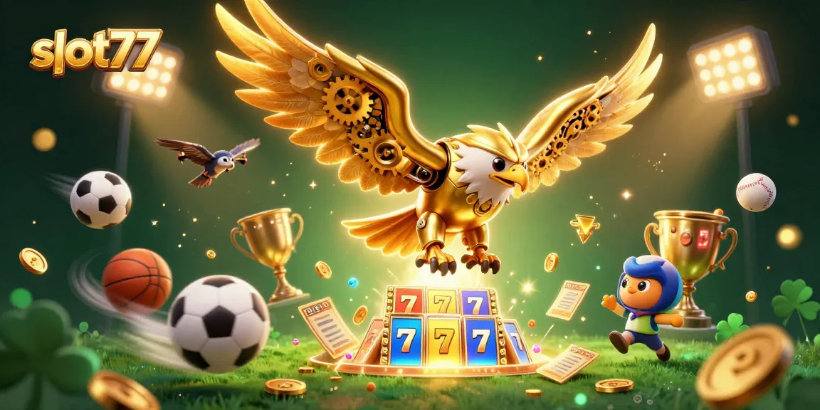 Experience slot77 with an epic scene featuring a golden eagle among dynamic slot reels and sports elements.