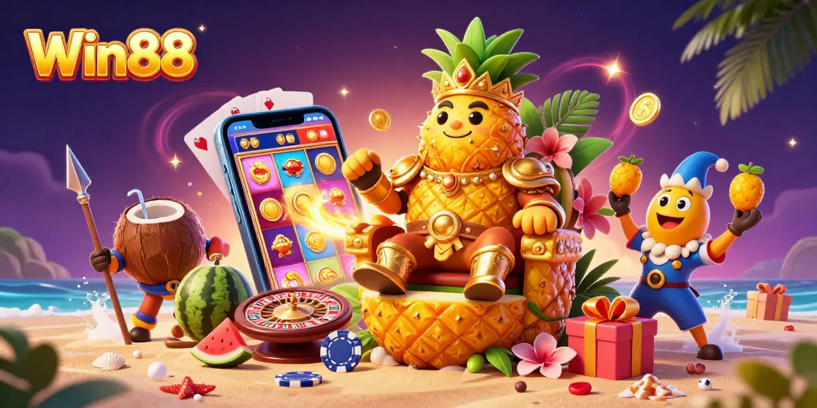 Win88's vibrant casino scene showcases the golden pineapple king amidst dynamic slot game action, exuding excitement.