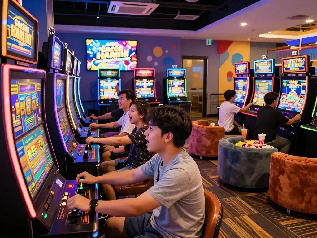 Pemain menikmati slot gacor hari ini di lounge permainan yang ramai dengan lampu terang dan suasana yang hidup.