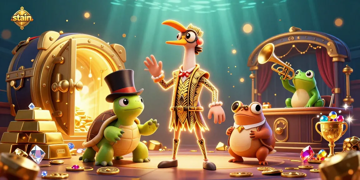 Play exciting casino games to win gold treasures in this vibrant stain-themed illustration.