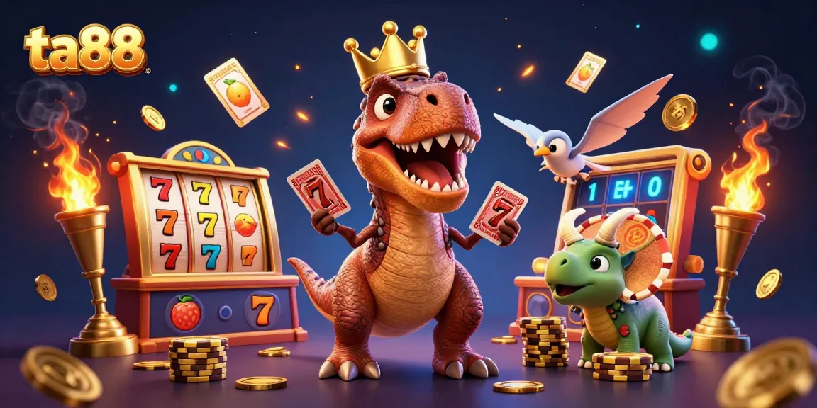 Engage with ta88 casino as a T-Rex shuffles cards while a pterodactyl assists and a triceratops stacks chips.