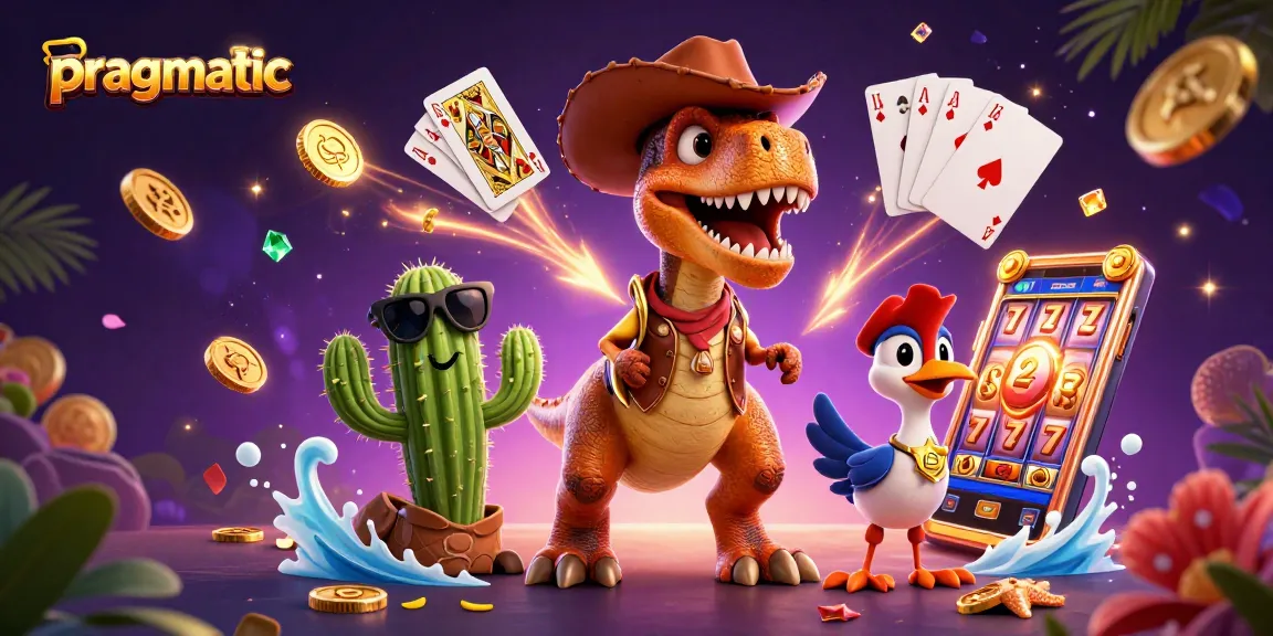 Engage in pragmatic gaming fun with a T-Rex dinosaur and colorful casino elements.