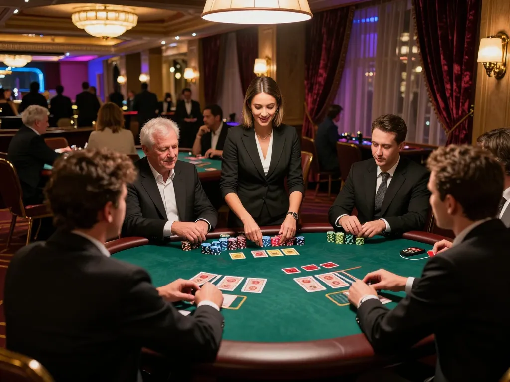 Players strategizing at an okwin blackjack table, capturing thrilling gambling moments in a vibrant casino.