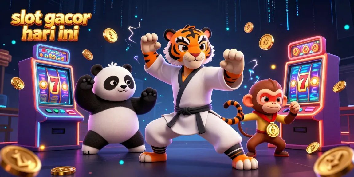 Slot gacor hari ini menunjukkan singa kung fu yang menginstruksikan muridnya di kasino dengan mesin slot berkilau.