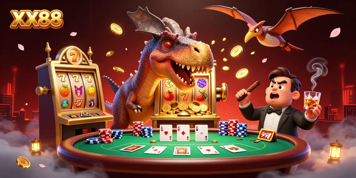 Experience the excitement of XX88 as a pachycephalosaurus wins jackpot coins from a golden slot machine.