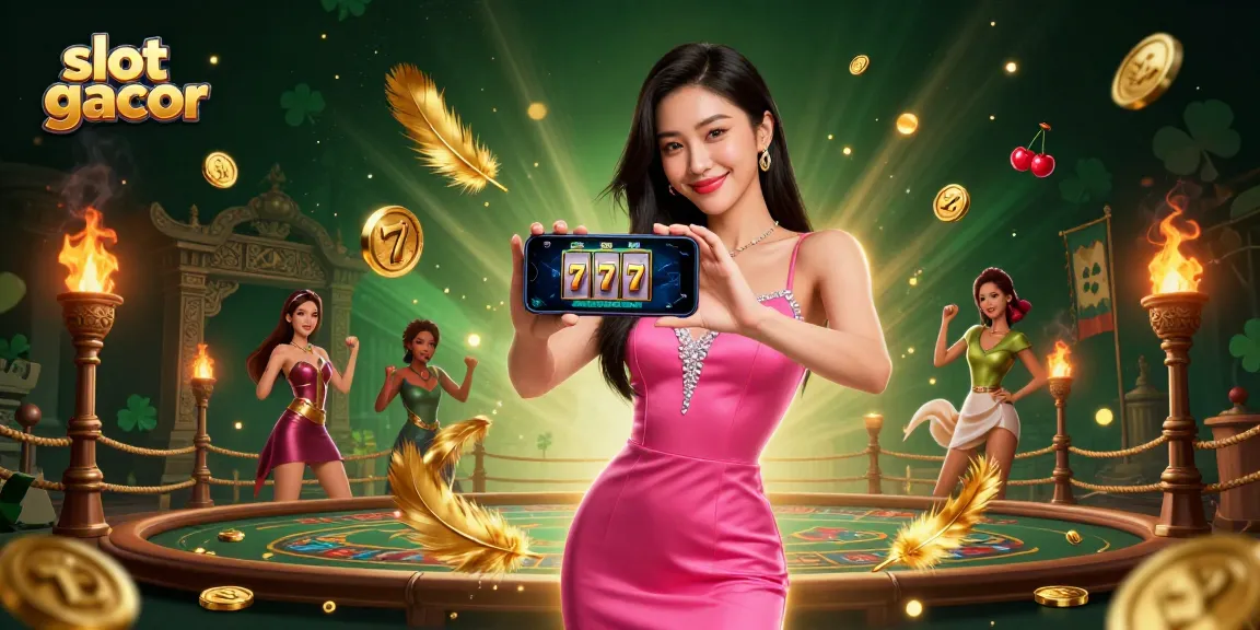 Engage in slot gacor with a stunning illustration featuring a confident Asian woman and casino symbols.