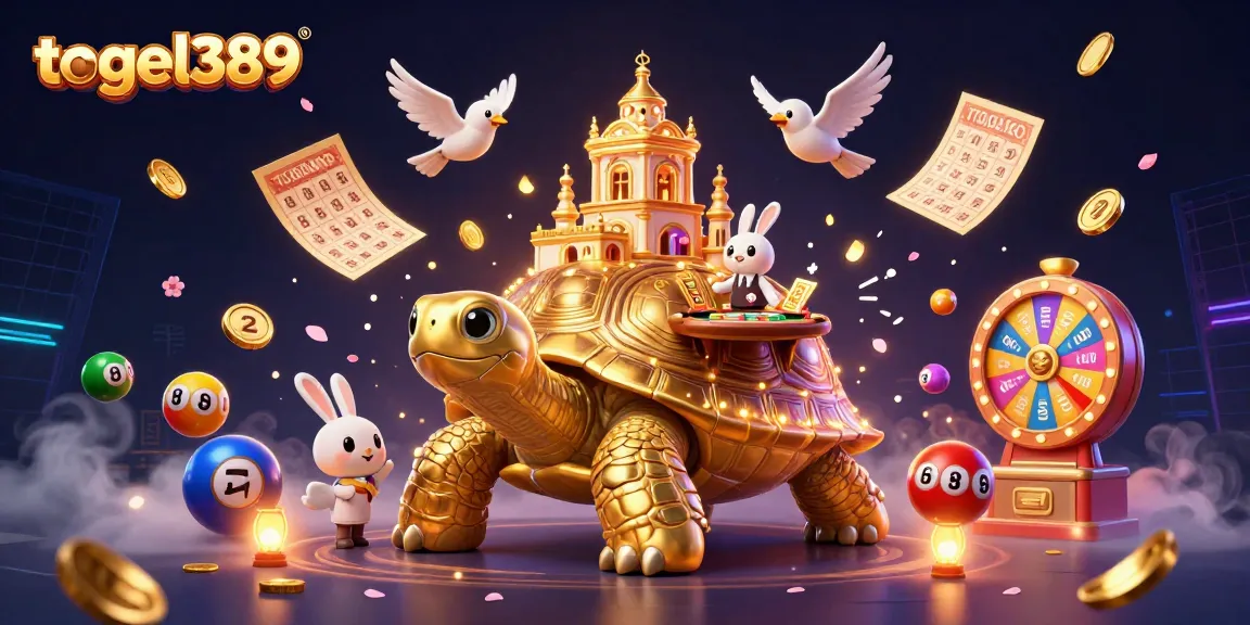 Experience the thrill of togel389 with golden tortoise and rabbit dealer in a vibrant casino scene filled with lottery elements.