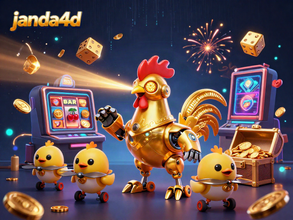 Janda4d menangkap simbol jackpot yang terbang dan karakter robot unik dalam dunia kasino.