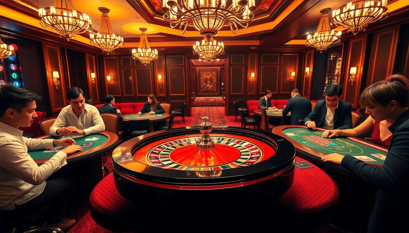 Hitclub casino scene featuring a glamorous roulette wheel and poker tables crowded with excited players.