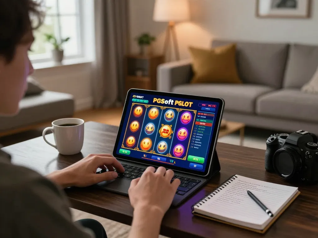 Playing PGSLOT IN online on a tablet with colorful game interface in a cozy living room