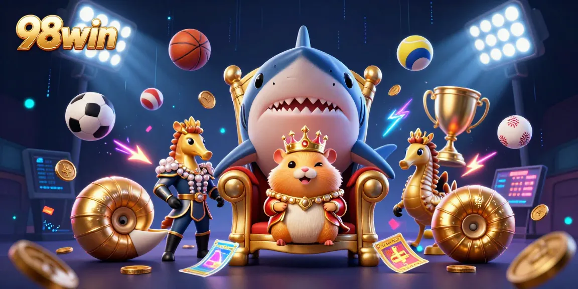 Win big with 98win in this vibrant 3D cartoon casino scene showcasing a golden hamster king.
