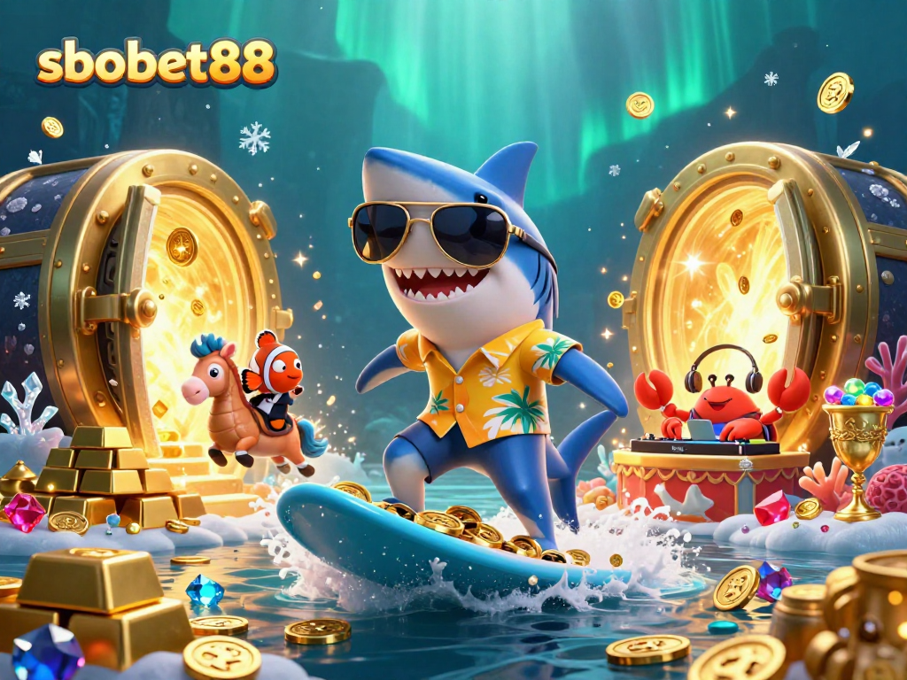 Sbobet88 invites players to experience thrilling action under an underwater scene with a shark and treasures.