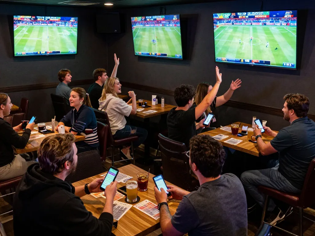 Cakhia sports enthusiasts engaging in live betting at a lively bar with multiple screens