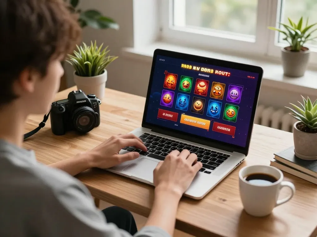 RR88 player engaging with online slots on a modern laptop in a cozy home setting.