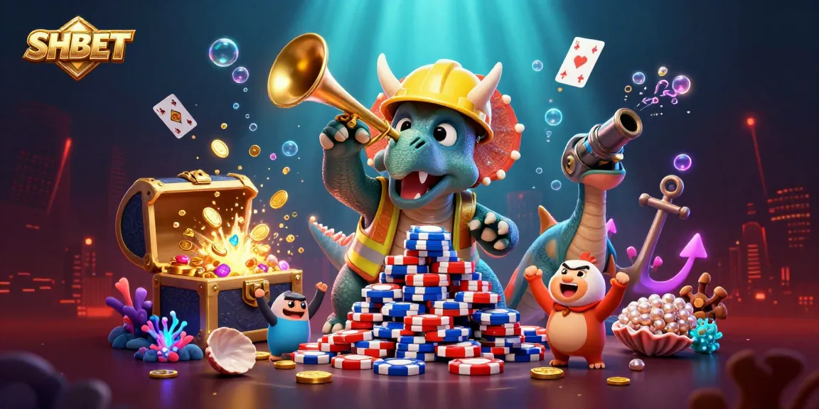 SHBET showcases an exciting 3D casino scene of unique characters celebrating and building with poker chips