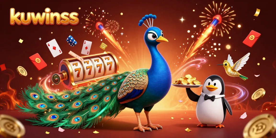 Play dynamic casino games with kuwinss featuring a peacock, penguin, and hummingbird in a festive gambling scene.
