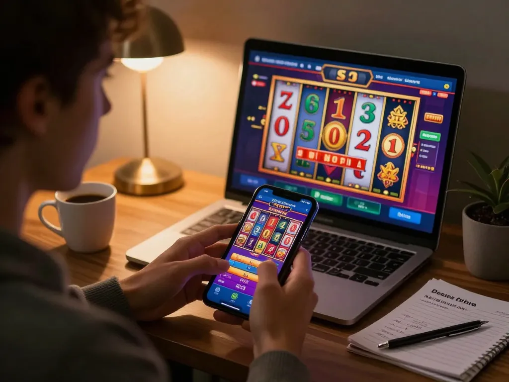 Player engaging with SC88E mobile app showcasing exciting slot game, blending entertainment and strategy for responsible gambling.