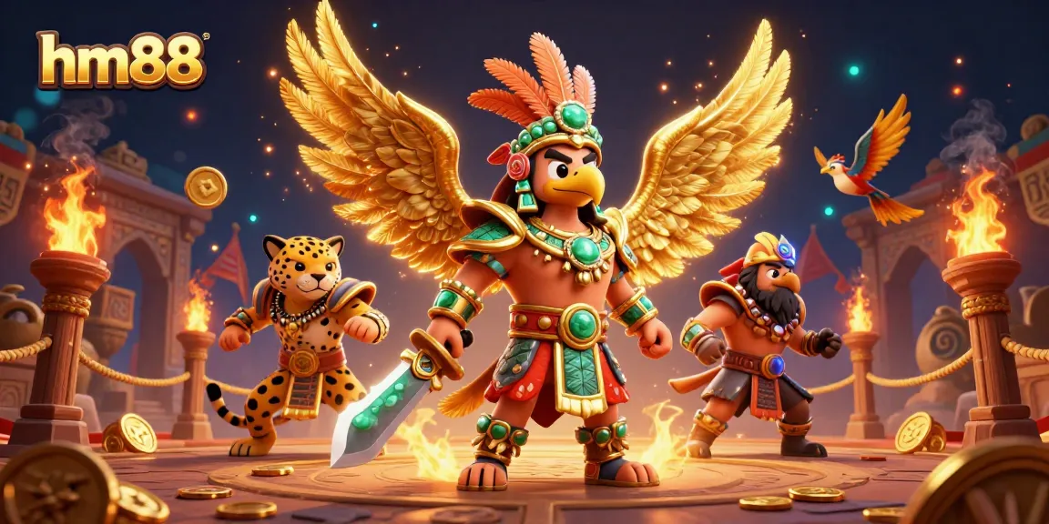 Experience thrilling gameplay at hm88 with an Aztec warrior eagle and a jaguar warrior in a dynamic casino scene.