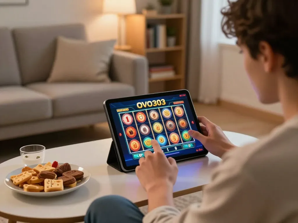 Pemain bermain slot OVO303 di tablet dalam suasana rumah yang nyaman, menyampaikan permainan yang bertanggung jawab.